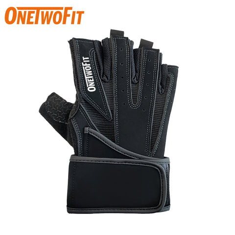 ONETWOFIT - OT051701 專業健身手套 加長腕帶 器械力量護腕 半指手套 運動裝備 舉重 騎行訓練手套 黑色（一對）
